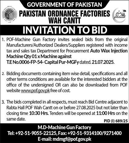 Pakistan Ordnance Factories Wah Cantt Tender Notice